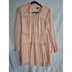 Who What Wear Dress Small‎ Pink Ruffle Tiered Long Sleeve Mini Tie Neck
